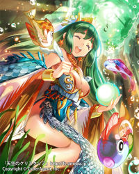 Rule 34 | 1girl, bad id, bad pixiv id, breasts, cleavage, eyebrows, closed eyes, fish, green eyes, green hair, holding, jewelry, large breasts, long hair, looking at viewer, lots of jewelry, matching hair/eyes, official art, open mouth, orb, original, popqn, smile, solo, tenkuu no crystalia, thick eyebrows, watermark, web address