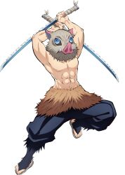 Rule 34 | 1boy, animal mask, blue eyes, dual wielding, full body, hashibira inosuke, highres, holding, holding sword, holding weapon, kimetsu no yaiba, male focus, muscular, nipples, official art, pig mask, simple background, solo, sword, toeless footwear, topless male, weapon