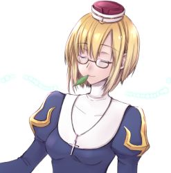 Rule 34 | 1girl, bad id, bad pixiv id, biretta, blonde hair, blue dress, breasts, closed eyes, closed mouth, commentary request, cross, cross necklace, dress, glasses, habit, jewelry, juliet sleeves, koizumi (0w05070w0), leaf, long sleeves, medium breasts, mouth hold, necklace, priest (ragnarok online), puffy sleeves, ragnarok online, round eyewear, semi-rimless eyewear, short hair, smile, solo, stalk in mouth, under-rim eyewear, upper body