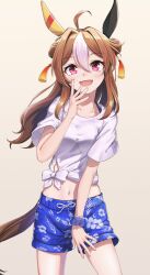 Rule 34 | 1girl, ahoge, animal ears, blue shorts, breasts, brown hair, commentary request, copano rickey (umamusume), cowboy shot, double bun, ear covers, ear ornament, floral print, gaze on me! outfit (umamusume), grey background, hair between eyes, hair bun, hair ornament, highres, horse ears, horse girl, horse tail, long hair, looking at viewer, medium breasts, midriff, multicolored hair, navel, open mouth, pink eyes, ponpochi, shirt, short sleeves, shorts, simple background, smile, solo, streaked hair, tail, tassel, tassel hair ornament, tied shirt, umamusume, white hair, white shirt