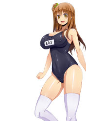 Rule 34 | 1girl, breasts, brown eyes, brown hair, covered erect nipples, female focus, hair ribbon, highres, large breasts, long hair, ponytail, ribbon, serubitchi suisan, shiny skin, side ponytail, simple background, smile, solo, standing, swimsuit, text focus, thighs, translated, white background, white legwear