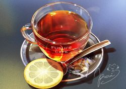 Rule 34 | black tea, cup, drink, food, food focus, fruit, fusui, glint, lemon, lemon slice, liquid, no humans, original, realistic, saucer, signature, spoon, still life, tea, teabag, teacup, transparent
