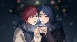 Rule 34 | 2girls, black coat, blue eyes, blue hair, blue scarf, blush, caitlyn (league of legends), chinese commentary, christmas, christmas tree, closed mouth, coat, coffee mug, commentary request, cup, facial tattoo, grey coat, grey eyes, heart, highres, holding, holding cup, league of legends, long hair, looking at viewer, miix777, mug, multiple girls, outdoors, parted lips, red hair, red lips, scarf, shared clothes, shared scarf, smile, snowflakes, snowing, steam, tattoo, twitter username, upper body, vi (league of legends), yuri