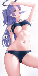 Rule 34 | 1girl, absurdres, arm up, armpits, blue archive, breasts, buruma, food, food in mouth, halo, highres, id card, lanyard, long hair, medium breasts, millennium science school logo, navel, popsicle, popsicle in mouth, purple eyes, purple hair, simple background, solo, sports bra, stomach, thighs, tina (tinafya), underboob, very long hair, white background, yuuka (blue archive), yuuka (track) (blue archive)