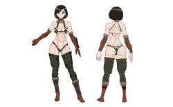 1girl abs armor ass back bikini_armor black_eyes black_hair bob_cut boots breasts brown_gloves closed_mouth dovahkiin elbow_gloves full_body gloves large_breasts multiple_views muscular muscular_female navel nisetanaka short_hair simple_background solo standing stomach the_elder_scrolls the_elder_scrolls_v:_skyrim tomboy white_background