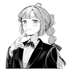 Rule 34 | 1girl, :3, ahoge, anyoji hime, blunt bangs, blush, bow, bowtie, closed mouth, collared shirt, commentary, cropped torso, dress shirt, glove in mouth, glove pull, gloves, greyscale, hair intakes, hair ribbon, highres, hinoshita akame, jacket, link! like! love live!, long hair, long sleeves, looking at viewer, love live!, monochrome, mouth hold, multi-tied hair, ponytail, ribbon, shirt, sidelocks, solo, suit jacket, swept bangs, tuxedo, upper body, virtual youtuber