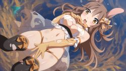 Rule 34 | 1girl, blush, breasts, brown hair, bunny (sakura dungeon), elbow gloves, game cg, gloves, large breasts, long hair, monster girl, open mouth, rabbit ears, rabbit girl, sakura dungeon, solo, thighhighs, torn clothes, torn gloves, torn thighhighs, wanaca, winged cloud, worried, yellow eyes
