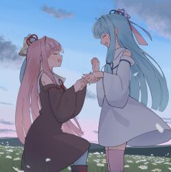 Rule 34 | 2girls, absurdres, black dress, black sleeves, blue hair, blue sky, blunt bangs, blush, commentary request, crying, detached sleeves, dress, facing another, falling petals, feet out of frame, field, flower, flower field, from side, gradient sky, hair ribbon, hand grab, happy tears, highres, holding, holding jewelry, holding ring, jewelry, kotonoha akane, kotonoha aoi, long hair, low-tied sidelocks, marriage proposal, mountainous horizon, multiple girls, on one knee, open mouth, outdoors, petals, pink hair, pink thighhighs, putting on jewelry, ribbon, ring, siblings, sidelocks, sisters, sky, sleeveless, sleeveless dress, smile, sumitsubame, sweatdrop, tears, thighhighs, voiceroid, wedding ring, white dress, white flower, white sleeves, wide sleeves, yuri