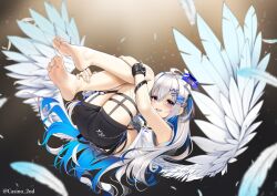 Rule 34 | 1girl, :d, amane kanata, amane kanata (punk rock), asymmetrical sleeves, barefoot, black shorts, blue eyes, blue hair, blush, casino (casinoep), colored inner hair, feathered wings, feathers, feet, full body, grey hair, hair between eyes, hair ornament, hairclip, halo, hololive, long hair, long sleeves, looking at viewer, multicolored hair, open mouth, shirt, short sleeves, shorts, smile, solo, star halo, twitter username, uneven sleeves, very long hair, virtual youtuber, white shirt, wings