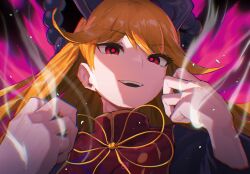 Rule 34 | 1girl, artist logo, aura, black dress, black headwear, blast-7, commentary request, dress, hands up, highres, junko (touhou), long hair, looking at viewer, open mouth, orange hair, phoenix crown, red eyes, red tabard, smile, solo, tabard, touhou, upper body