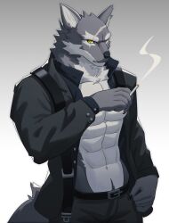 Rule 34 | 1boy, abs, animal ears, arknights, bara, bare pectorals, belt, black belt, black pants, black shirt, cigarette, claws, foot out of frame, furry, furry male, gambino (arknights), highres, holding, holding cigarette, looking at viewer, male focus, pants, pectorals, scar, scar across eye, scar on face, scar on mouth, shirt, smoke, smoking, tail, uiokv, wolf boy, wolf ears, wolf tail, yellow eyes