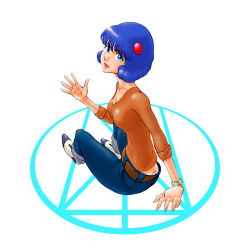 Rule 34 | 1girl, :d, absurdres, aobito sukoyaka bystander, belt, blue eyes, blue hair, breasts, brown shirt, cleavage, denim, densetsu kyojin ideon, hair ornament, highres, jeans, kitty kitten, looking at viewer, open mouth, pants, shirt, short hair, simple background, sitting, small breasts, smile, solo, watch, white background, white footwear