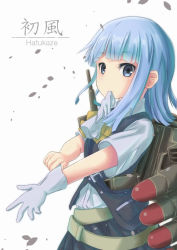 Rule 34 | 10s, 1girl, antennae, ascot, backpack, bag, biting, blue eyes, blue hair, blunt bangs, bokunenjin, character name, dressing, glove biting, gloves, hatsukaze (kancolle), kantai collection, looking at viewer, machinery, matching hair/eyes, mouth hold, shirt, short sleeves, solo, torpedo, upper body, vest, white background, white gloves, white shirt