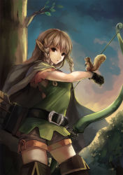 Rule 34 | 1girl, arrow (projectile), belt, blonde hair, boots, bow (weapon), braid, breasts, brown eyes, cloak, cowboy shot, dragon&#039;s crown, elf, elf (dragon&#039;s crown), female focus, gloves, highres, hood, hood down, long hair, looking at viewer, outdoors, parted lips, pointy ears, quiver, shorts, sleeveless, small breasts, solo, squirrel, standing, thigh boots, thighhighs, tree, tunic, twin braids, warmhouse, weapon