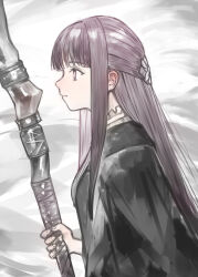 Rule 34 | 1girl, black robe, blunt bangs, closed mouth, fern (sousou no frieren), from side, hair ornament, highres, holding, holding staff, kaneni, long hair, profile, purple eyes, purple hair, robe, sidelocks, simple background, solo, sousou no frieren, staff, upper body