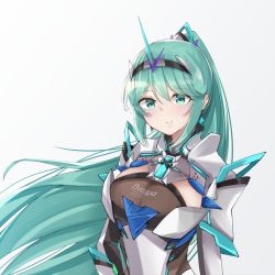 Rule 34 | 1girl, breasts, chest jewel, earrings, green eyes, green hair, highres, jewelry, large breasts, long hair, pneuma (xenoblade), ponytail, sarasadou dan, simple background, smile, solo, spoilers, swept bangs, tiara, upper body, very long hair, white background, xenoblade chronicles (series), xenoblade chronicles 2