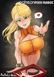 Rule 34 | aestheticc-meme, blonde hair, box, bracelet, breasts, collar, gift, gift box, green eyes, heart, highres, jewelry, large breasts, leash, long hair, looking at viewer, metroid, mole, nintendo, ponytail, pov, samus aran, shorts, smile, sparkle, speech bubble, tag