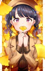 Rule 34 | 1girl, autumn, autumn leaves, beret, black hair, commentary request, falling leaves, flower, fukumaru koito, ginkgo tree, ginkgo leaf, hair flower, hair ornament, hat, highres, holding, holding leaf, idolmaster, idolmaster shiny colors, leaf, long sleeves, looking at viewer, purple eyes, shiitake taishi, solo, sweater, turtleneck, turtleneck sweater, twintails