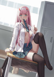 Rule 34 | 1girl, aged down, arm support, black thighhighs, blouse, blunt bangs, blush, breasts, chair, collarbone, collared shirt, darling in the franxx, desk, feet, female focus, fingernails, green eyes, hairband, hand up, horns, indoors, leg lift, long hair, long sleeves, looking at viewer, medium breasts, miniskirt, mool yueguang, mouth hold, necktie, no bra, no shoes, on desk, oni horns, open clothes, open shirt, pink hair, red horns, red pupils, school chair, school desk, school uniform, shirt, sitting, skirt, solo, thighhighs, white hairband, zero two (darling in the franxx)