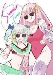 Rule 34 | 2girls, absurdres, arthropod girl, breasts, cockroach girl, hair ribbon, heart, highres, matara kan, mint fantome, mole, mole on breast, multiple girls, pink hair, ribbon, smile, sparkle, summer, sunglasses, swimsuit, tongue, tongue out, twintails, virtual youtuber, vshojo