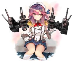 Rule 34 | 1girl, bare legs, blue skirt, blush, breasts, cannon, collared shirt, commentary request, cosplay, epaulettes, eriyama e, feet out of frame, frilled sleeves, frills, gloves, gradient hair, hands up, hat, holding, jacket, kantai collection, kashima (kancolle), kashima (kancolle) (cosplay), knees together feet apart, long hair, long sleeves, looking at viewer, machinery, military, military uniform, miniskirt, multicolored hair, neckerchief, orange hair, pigeon-toed, pleated skirt, purple eyes, purple hair, red neckerchief, rigging, ripples, sailor hat, searchlight, shirt, sidelocks, silver trim, sitting, skirt, smile, soaking feet, solo, tsushima (kancolle), turret, uniform, upskirt, white gloves, white hat