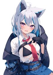 Rule 34 | 1girl, absurdres, ahoge, animal ear fluff, animal ears, belt, belt buckle, bikini, black belt, black bikini, black gloves, black jacket, blue hair, blue skirt, blush, breasts, buckle, collared shirt, commentary request, dress shirt, fang, fingerless gloves, gloves, grey hair, hair between eyes, highres, jacket, long sleeves, looking at viewer, mismatched bikini, multicolored hair, necktie, nibiiro shizuka, off shoulder, open clothes, open jacket, open mouth, open shirt, original, pleated skirt, purple eyes, red necktie, shirt, simple background, skirt, small breasts, solo, streaked hair, sweat, swimsuit, white background, white bikini, white shirt, wide sleeves