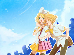 Rule 34 | 1boy, 1girl, aqua eyes, bad id, bad pixiv id, bag, blonde hair, bow, brother and sister, day, closed eyes, food, hair bow, hand in pocket, headphones, holding another&#039;s wrist, kagamine len, kagamine rin, open mouth, popsicle, sachi (yohkai), school bag, siblings, sky, star (sky), star (symbol), twins, vocaloid
