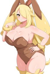 1girl aikome_(haikome) animal_ears blonde_hair breasts cleavage cosplay cowboy_shot creatures_(company) curvy cynthia_(pokemon) fake_animal_ears game_freak gen_4_pokemon hair_over_one_eye hand_on_own_hip highres large_breasts long_hair looking_at_viewer lopunny lopunny_(cosplay) nintendo pokemon pokemon_dppt rabbit_ears smile solo swept_bangs thick_thighs thighhighs thighs yellow_eyes yellow_thighhighs