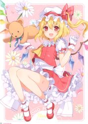 Rule 34 | 1girl, 6u (eternal land), :d, absurdres, ankle cuffs, ascot, bare legs, blonde hair, bloomers, blue ribbon, blush, border, character name, copyright name, crystal, fang, flandre scarlet, flower, frilled shirt collar, frills, full body, gloves, hands up, hat, hat ribbon, highres, invisible chair, long hair, looking at viewer, mary janes, miniskirt, mob cap, neck ribbon, one side up, open mouth, outside border, petals, petticoat, pink background, pink flower, puffy short sleeves, puffy sleeves, red eyes, red footwear, red ribbon, red skirt, red vest, ribbon, scan, shirt, shoes, short sleeves, simple background, sitting, skirt, skirt set, smile, socks, solo, stuffed animal, stuffed toy, teddy bear, thighs, touhou, underwear, vest, white bloomers, white border, white flower, white gloves, white hat, white shirt, white socks, wings, yellow flower, yellow neckwear