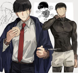 Rule 34 | 1boy, :i, adjusting clothes, arm at side, artist name, belt, black bodysuit, black hair, black pants, blue coat, bodysuit, bodysuit under clothes, bowl cut, chibi, coat, collared shirt, commentary, cream puff, eating, facial mark, food, hand on own neck, hand up, head scarf, kadeart, long sleeves, looking at viewer, male focus, mash burnedead, mashle, multiple views, necktie, pants, partially colored, red necktie, shirt, short hair, shorts, standing, white shirt, white shorts, yellow eyes
