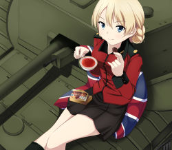 Rule 34 | 10s, 1girl, bad id, bad pixiv id, bitte (food), black tea, blonde hair, blue eyes, braid, chocolate, churchill (tank), cup, darjeeling (girls und panzer), flag print, from above, girls und panzer, highres, holding, looking at viewer, looking up, military, military vehicle, motor vehicle, nksk, pillow, short hair, sitting, skirt, smile, solo, tank, tea, teacup, uniform, union jack, vehicle