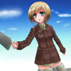 Rule 34 | 1girl, bad id, bad pixiv id, blonde hair, blue eyes, blush, erica hartmann, gertrud barkhorn, holding hands, highres, jacket, masarou, military, military uniform, multicolored hair, open mouth, panties, short hair, solo focus, strike witches, striker unit, two-tone hair, underwear, uniform, world witches series