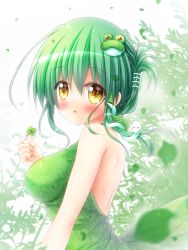 Rule 34 | 1girl, alternate costume, alternate hairstyle, backless dress, backless outfit, bare shoulders, blush, clover, commentary request, dress, folded ponytail, four-leaf clover, frog hair ornament, from side, green dress, green hair, hair between eyes, hair ornament, highres, kochiya sanae, leaf, long hair, looking at viewer, open mouth, osashin (osada), snake hair ornament, solo, touhou, upper body, yellow eyes