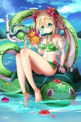 Rule 34 | 1girl, 2016, anklet, barefoot, bikini, blonde hair, blue sky, bracelet, breasts, choker, cleavage, cloud, collarbone, dated, day, diving mask, drinking straw, feet, flower, food, fruit, fruit cup, goggles, green eyes, hair flower, hair ornament, hibiscus, inflatable raft, jewelry, long hair, looking at viewer, meimei (p&amp;d), mewwuwu, mountain, navel, o-ring, o-ring bikini, petals, pineapple, puzzle &amp; dragons, see-through, shirt, side-tie bikini bottom, signature, sitting, sky, smile, snake, snorkel, solo, swimsuit, tongue, tongue out, turtle shell, wet, wet clothes, wet shirt