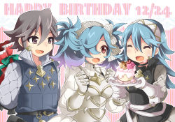 Rule 34 | 1boy, 2girls, bag, birthday, blue hair, brown eyes, brown hair, cupcake, family, father and daughter, fire emblem, fire emblem fates, food, gradient hair, hair over one eye, hetero, husband and wife, laslow (fire emblem), momosemocha, mother and daughter, multicolored hair, multiple girls, nintendo, peri (fire emblem), red eyes, soleil (fire emblem), twintails