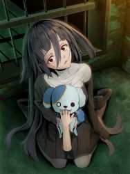 Rule 34 | 10s, 1girl, amputee, animal, bandaged neck, bandages, black dress, black footwear, black hair, black pantyhose, brick wall, collar, commentary request, concrete, dog, dress, from above, hair between eyes, head tilt, highres, holding, holding animal, holding dog, iron bars, long hair, looking at viewer, macha0331, pantyhose, parted lips, red eyes, romero (zombie land saga), severed arm, severed limb, sharp teeth, sitting, solo, spiked collar, spikes, teeth, very long hair, wariza, yamada tae, zombie, zombie land saga