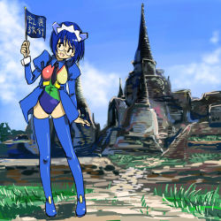 Rule 34 | 1girl, 2k-tan, blue eyes, blue hair, blue leotard, blue skirt, blue sky, blue thighhighs, bodysuit, building, castle, cloud, contrapposto, day, facing viewer, full body, glasses, grass, juliet sleeves, leaning to the side, leotard, long sleeves, looking at viewer, matching hair/eyes, michael f91, necktie, os-tan, outdoors, path, plant, puffy long sleeves, puffy sleeves, real world location, road, ruins, showgirl skirt, skirt, sky, solo, standing, thighhighs, translation request