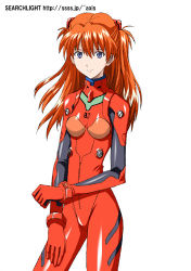 Rule 34 | 1girl, blue eyes, bodysuit, bracer, breasts, clenched hand, cowboy shot, female focus, gloves, grey eyes, hair ornament, hand on own thigh, light smile, long hair, looking at viewer, lowres, midori (searchlight), neon genesis evangelion, orange hair, plugsuit, red hair, simple background, skinny, small breasts, smile, solo, souryuu asuka langley, standing, turtleneck, watermark, web address, white background