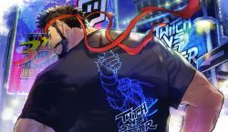 Rule 34 | 1boy, back, beard, black hair, building, character print, facial hair, from behind, headband, looking at viewer, looking back, official art, ryu (street fighter), second-party source, shirt, sign, solo, street fighter, street fighter 6, tamio, twitch.tv