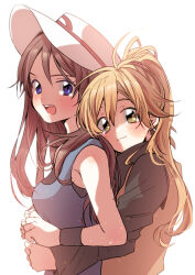 Rule 34 | 2girls, :d, blonde hair, blue shirt, blush, brown hair, closed mouth, commentary request, creatures (company), from side, game freak, green (pokemon), hat, hug, hug from behind, long hair, looking at viewer, marutoko45, multiple girls, nintendo, open mouth, pokemon, pokemon adventures, ponytail, shirt, sleeveless, sleeveless shirt, smile, teeth, tongue, tunic, upper teeth only, white background, white headwear, wristband, yellow (pokemon)