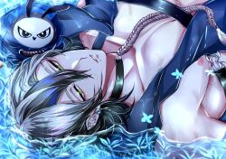 Rule 34 | 1boy, 2boys, animal, bird, black hair, breasts, choker, collar, earrings, father (nu carnival), grass, green eyes, grey hair, hair between eyes, half-closed eyes, highres, jewelry, looking at viewer, lying, lying on ground, lying on water, male focus, mole, mole on breast, mole under mouth, multicolored hair, multiple boys, nipples, nu carnival, on back, owl, parted lips, pectoral cleavage, pectorals, rei (nu carnival), short hair, teeth, water, wet, wet clothes, yadome810