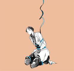 Rule 34 | 1boy, black hair, bound, commentary request, full body, halftone, kayuo, kneeling, male focus, multiple monochrome, nib pen (medium), orange background, original, pants, raised eyebrows, restrained, shoes, simple background, sitting, solo, tied up (nonsexual), traditional media