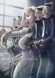 Rule 34 | 6+girls, blonde hair, blurry, blurry foreground, copyright name, hair ornament, hairband, highres, looking to the side, mouth veil, multiple girls, nier (series), nier:automata, official art, open mouth, outstretched arm, side-by-side, standing, veil, commander (nier:automata)