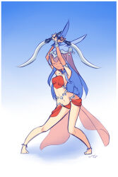 Rule 34 | 1girl, amy (ryuhi), animal ears, anklet, barefoot, belly dancer, bikini, blue background, blue hair, breasts, dancer, drantyno, dual wielding, face veil, gradient background, harem outfit, headgear, highres, holding, holding sword, holding weapon, jewelry, long hair, mouth veil, navel, pelvic curtain, rabbit ears, rabbit tail, red bikini, small breasts, standing, swimsuit, sword, tail, veil, weapon