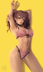 Rule 34 | 1girl, armpits, arms up, bra, breasts, brown eyes, earrings, jewelry, kujikawa rise, lingerie, looking at viewer, medium breasts, meister staze, panties, persona, persona 4, red hair, smile, solo, twintails, underwear, yellow background