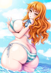 Rule 34 | 1girl, ass, bikini, breasts, brown eyes, butt crack, cowboy shot, from behind, highres, large breasts, long hair, looking at viewer, looking back, nami (one piece), one piece, orange hair, parted lips, partially submerged, sevie, solo, standing, swimsuit, tattoo, water
