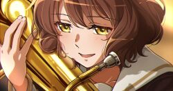 1girl blush brown_eyes brown_hair brown_shirt collarbone euphonium fuyuhino hibike!_euphonium holding holding_instrument instrument kitauji_high_school_uniform open_mouth oumae_kumiko sailor_collar school_uniform shirt short_hair solo white_sailor_collar