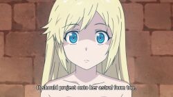 Rule 34 | 1girl, animated, anime screenshot, bare shoulders, blonde hair, blue eyes, breasts, collarbone, dress, elbow gloves, gloves, highres, large breasts, long hair, looking down, parted lips, short dress, sound, subtitled, tagme, thick thighs, thighhighs, thighs, video, white dress, white gloves, white thighhighs, yuna yunis, yuusha ga shinda!