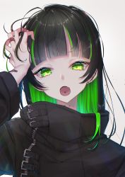 Rule 34 | 1girl, absurdres, black hair, black jacket, blunt bangs, colored inner hair, commentary, earrings, fang, gradient background, green eyes, green hair, grey background, hand in own hair, highres, jacket, jewelry, long hair, long neck, long sleeves, looking at viewer, mask, messy hair, multicolored hair, open mouth, original, piercing, ring, simple background, skin fang, solo, tendoshi, tongue piercing, upper body, white background