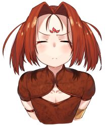 Rule 34 | 1girl, armlet, blush, brown hair, china dress, chinese clothes, cleavage cutout, clothing cutout, dress, closed eyes, facial mark, fate/grand order, fate (series), forehead mark, kei (soundcross), nezha (fate), solo, twintails